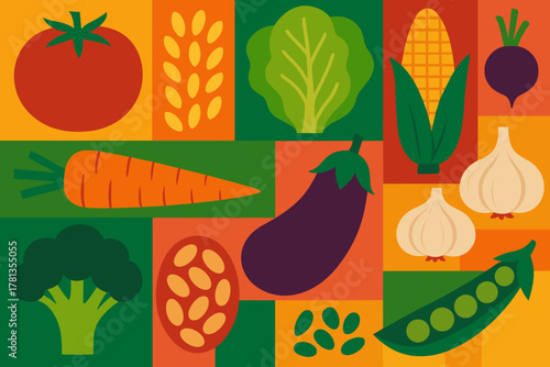 Colorful illustration featuring a variety of vegetables including tomato, carrot, broccoli, and eggplant in a geometric pattern.