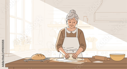 Elderly caucasian female wearing an apron kneads dough on a kitchen counter with bread and utensils nearby, illuminated by sunlight through a window.