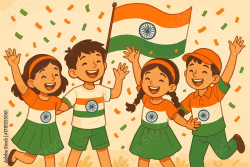 Four smiling children, two male and two female, with asian features, joyfully celebrate holding the indian flag with colorful confetti falling around them.