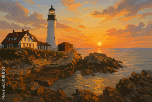 Coastal lighthouse and adjacent houses on a rocky shore during a vibrant sunset with an ocean view and dramatic clouds.