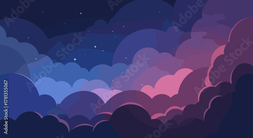 Abstract night sky with layered clouds in shades of blue and pink, dotted with tiny stars against a dark backdrop.