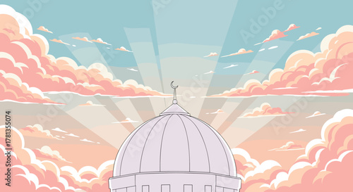The dome of a mosque is silhouetted against a vibrant sky filled with colorful clouds and sun rays extending outward.
