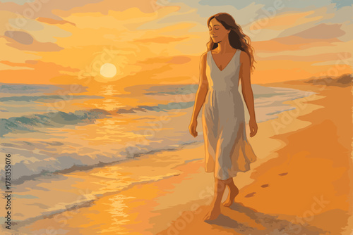 Young caucasian female in a white dress walking on a beach during sunset, with gentle waves and a colorful sky in the background.
