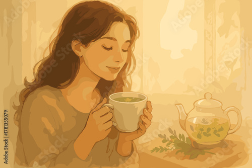 Young caucasian female enjoying a warm cup of herbal tea in a cozy, softly lit room with a teapot and herbs on the table.