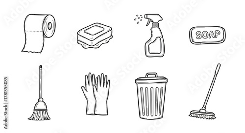 Essential cleaning supplies in black and white line art drawings