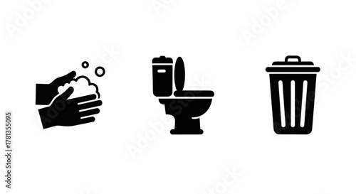 Essential hygiene symbols: handwashing, toilet, waste disposal icons