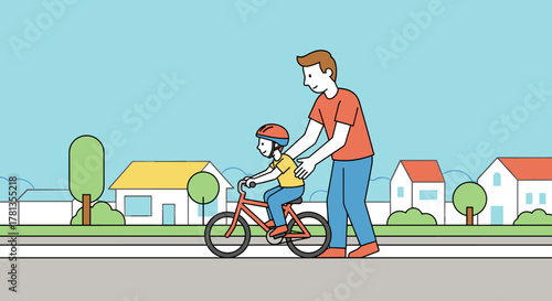 Caucasian male adult teaching a caucasian child to ride a bicycle on a suburban street, both showing a cheerful expression.