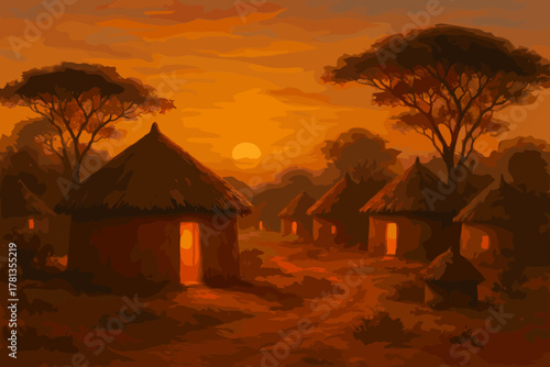 Traditional african village scene at sunset with thatched huts and silhouetted acacia trees casting long shadows on the ground.