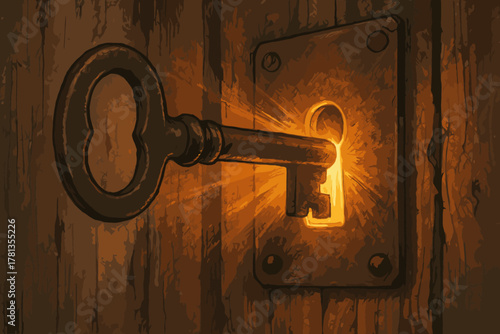 Old-fashioned metal key inserted in a glowing keyhole on a wooden door, illuminated by warm golden light.