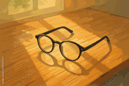 Round eyeglasses with black frames cast a shadow on a wooden surface, illuminated by warm sunlight streaming through a nearby window.