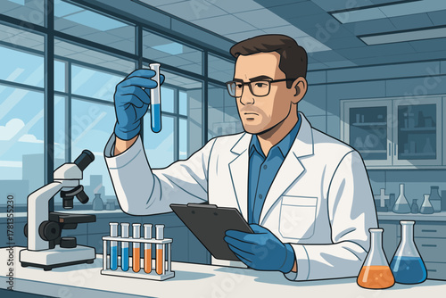 Male scientist in laboratory attire examines a test tube filled with blue liquid, holding a clipboard, with laboratory equipment in the background.