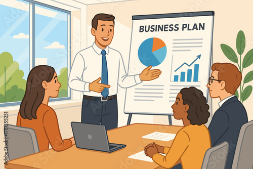A male presenter discusses a business plan with a group, featuring infographics on a flip chart, surrounded by attentive female and male colleagues.
