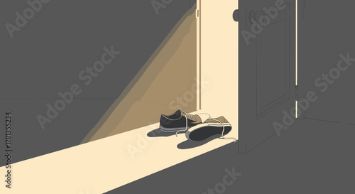 A pair of sneakers rests casually in a sunlit doorway casting elongated shadows on the floor.