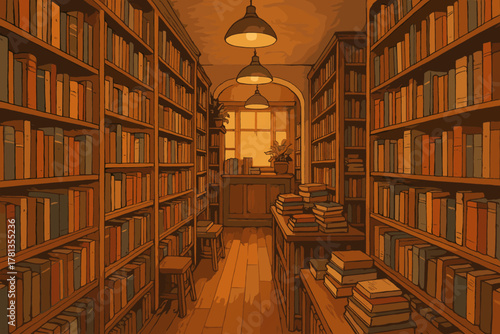 A cozy, dimly lit library corridor filled with towering bookshelves and a small table stacked with books, leading to a sunlit window.