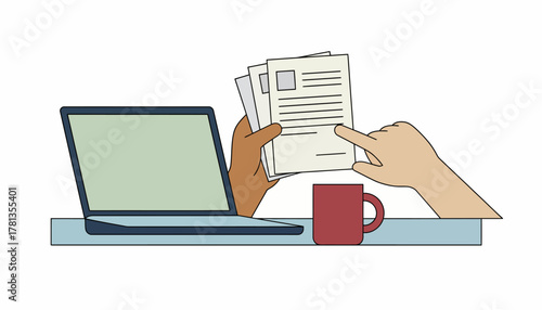 A closeup of hands reviewing a stack of resumes on a desk with a laptop open and a coffee mug nearby emphasizing the selection process.