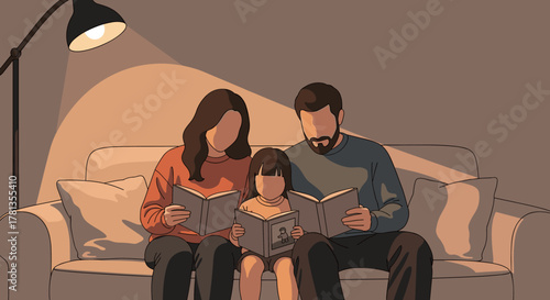 A young caucasian family, with a man, woman, and child, reading together on a sofa under a floor lamp in a cozy, warmly lit room.