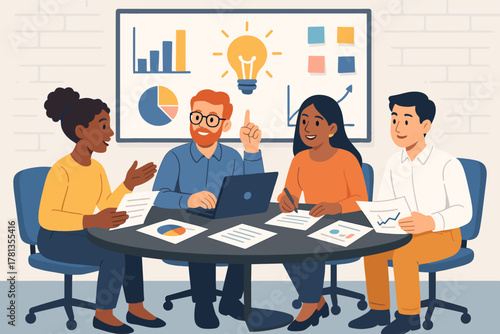 Diverse group of young adults in a business meeting around a conference table, engaged in discussing documents and charts, with a whiteboard featuring graphs and a lightbulb icon behind them.