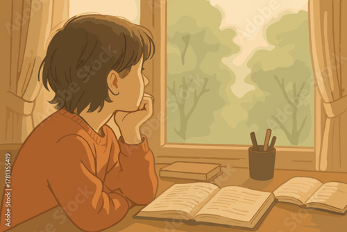 Young male child gazes thoughtfully out the window while sitting at a table with open books, indicating a moment of contemplation or study.