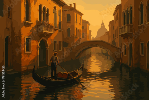 A gondolier navigates a traditional gondola through a tranquil venetian canal at sunset, surrounded by historic buildings and an iconic arched bridge.