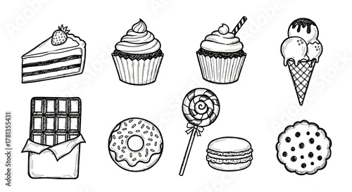 Hand-drawn desserts collection: cakes, cupcakes, ice cream, and sweets