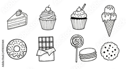 Hand drawn dessert collection: cakes, cupcakes, and sweets in black and white