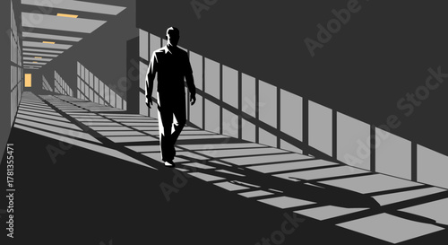 Silhouette of an adult male walking through a long, shadow-filled corridor with geometric light patterns on the floor and walls.