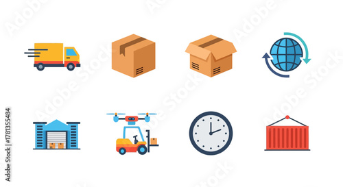 Colorful delivery icons set featuring transport, warehouse, and logistics elements