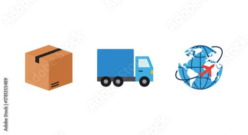 Global shipping and delivery icons: package, truck, and airplane on globe