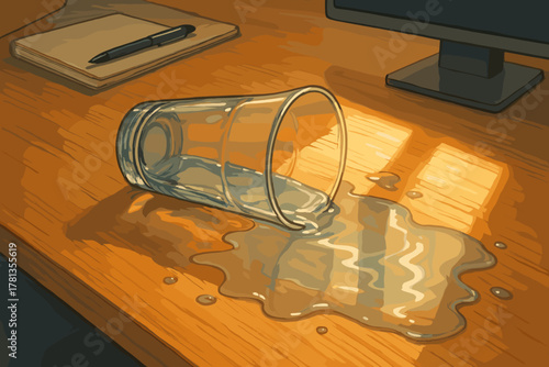 A clear tumbler glass lies on its side, spilling water across a wooden desk, next to a notebook, pen, and computer monitor.