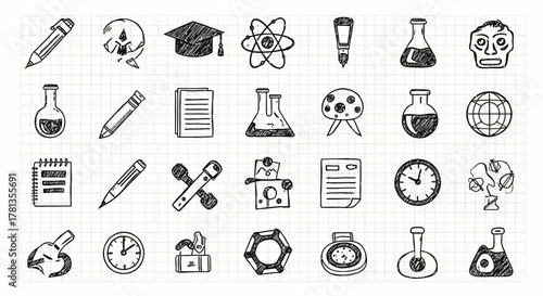 Hand drawn doodle icons of science and education on graph paper