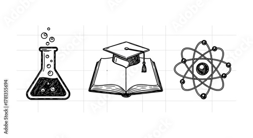 Hand drawn education icons: chemistry flask, graduation cap, atom symbol
