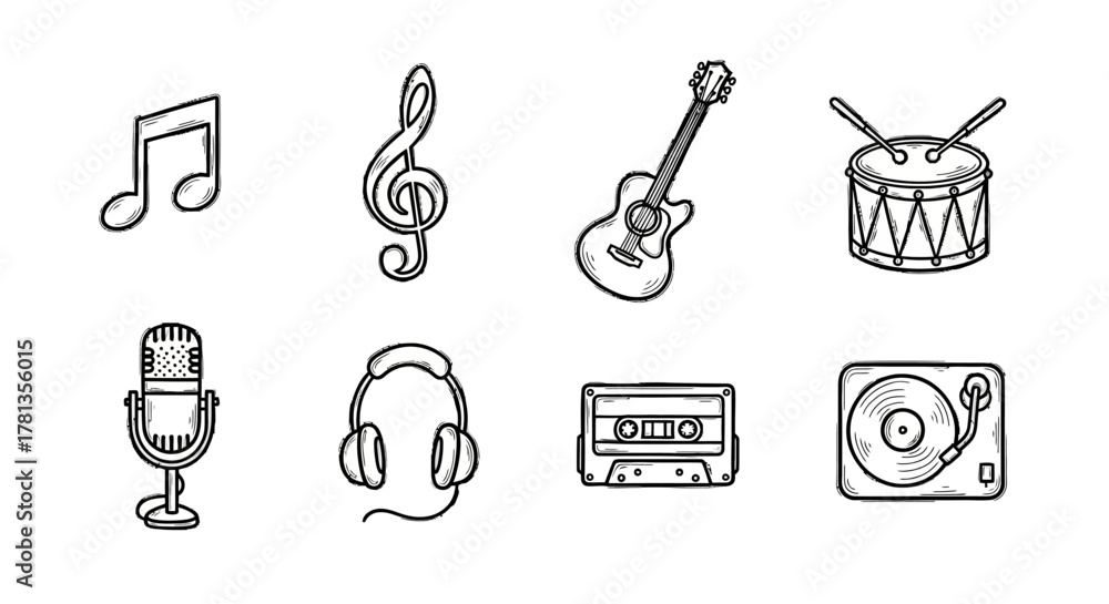 Obraz premium Handdrawn music icons: instruments and sound equipment collection