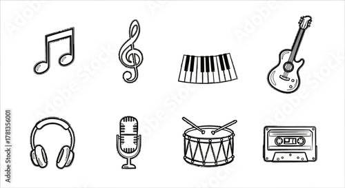 Black and white music icons featuring instruments and musical notes