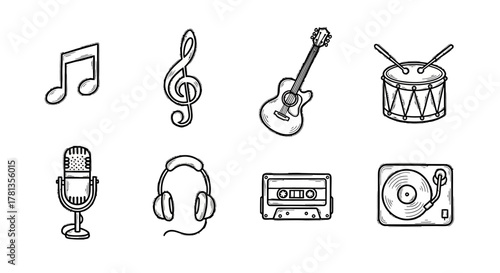 Handdrawn music icons: instruments and sound equipment collection