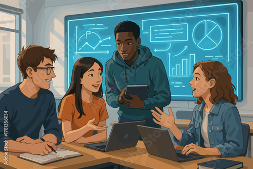 Four diverse young adults engaged in a collaborative discussion around laptops with data analytics displayed on a digital screen in a classroom setting.