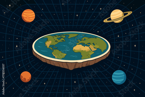 Illustrated flat earth with continents surrounded by planets against a starry space backdrop, highlighting the concept of a flat world with astronomical elements.