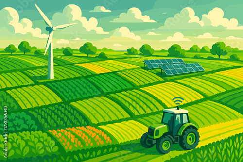 Green fields with a tractor equipped with technology, a wind turbine, and solar panels on a sunny day, symbolizing sustainable agriculture and renewable energy.