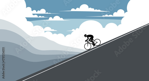 Silhouetted cyclist descends a steep incline against a dramatic backdrop of stylized clouds and layered mountain ranges.