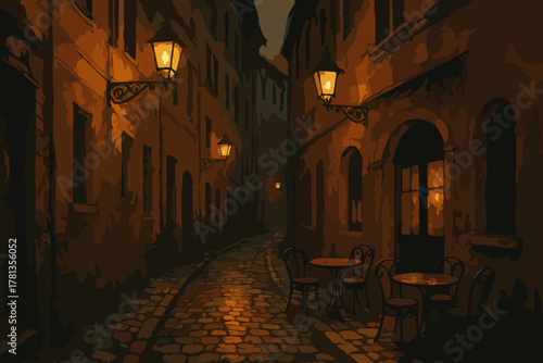 Narrow cobblestone street in a historic town with warm streetlights illuminating small outdoor cafe tables.