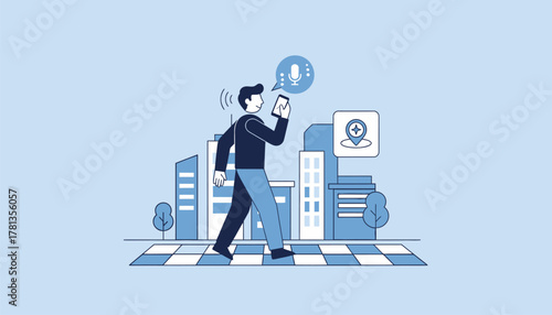 A pedestrian using a voice assistant to find nearby points of interest while walking in a beautifully designed urban environment.