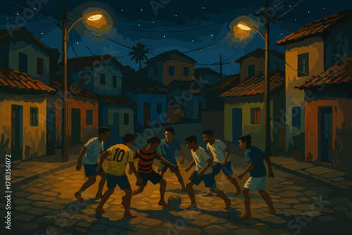 A group of young boys play soccer on a cobblestone street under streetlights in a small village at night.