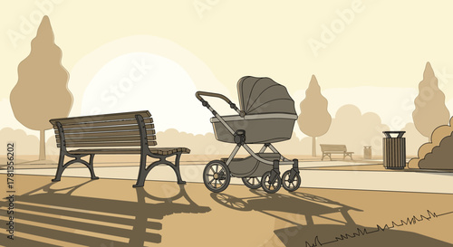 Sepia-toned illustration of a classic baby stroller next to a wooden park bench in a serene park setting at sunrise.