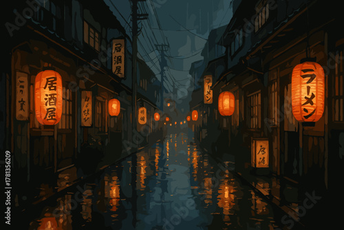 Nighttime view of a traditional japanese street with glowing red lanterns illuminating wet cobblestone, creating a serene and atmospheric scene.