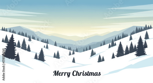 Serene winter mountain landscape with snow covered pine trees and a soft pastel sky