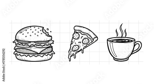 Delicious fast food icons: burger, pizza, and coffee line art on grid
