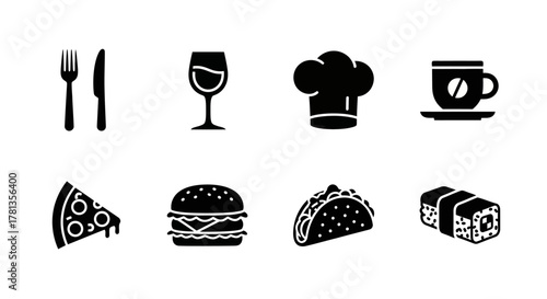 Black silhouette icons of food and drink items on white background