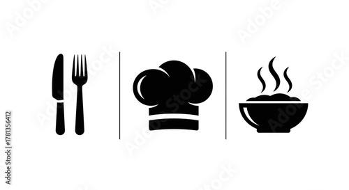 Culinary symbols: chef hat, utensils, and soup in silhouette style