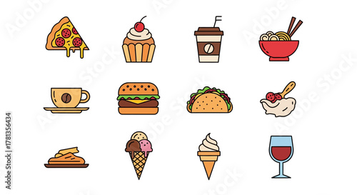 Colorful flat icons of popular food and drink items