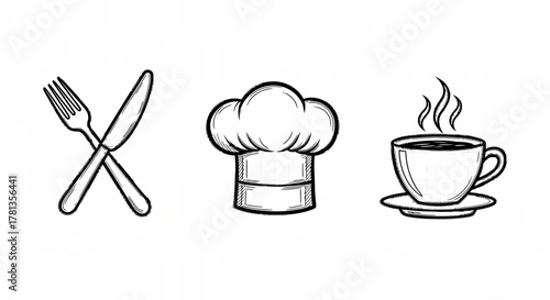 Hand-drawn cooking icons with chef hat, cutlery, and coffee cup