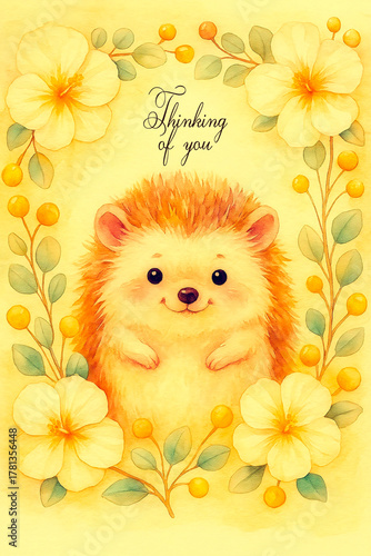 Thinking of you - card.  Cartoon hedgehog. Watercolor style.